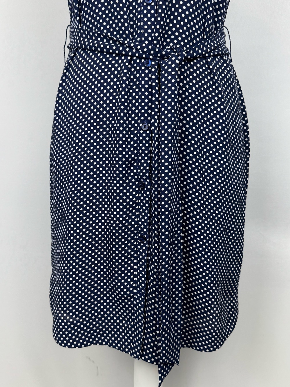 Express Sleeveless Shirt Dress Navy Blue White Polka Dot Belted Size XS Office - Picture 5 of 8
